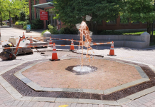 Freeman Plaza fountain spewing coffee during construction